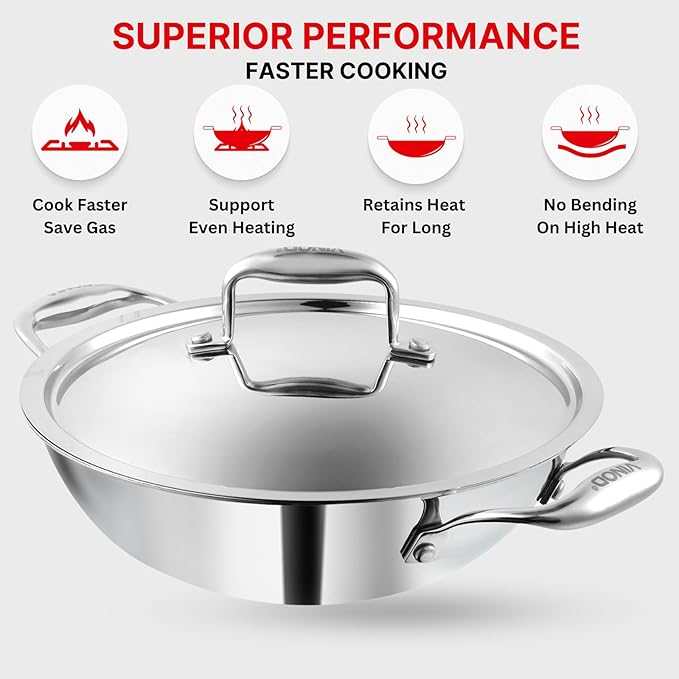 Vinod Platinum Triply Stainless Steel Extra Deep Kadhai with Lid 4.8 Litre, 28 cm | 2.5mm Thick | Kadai for Cooking