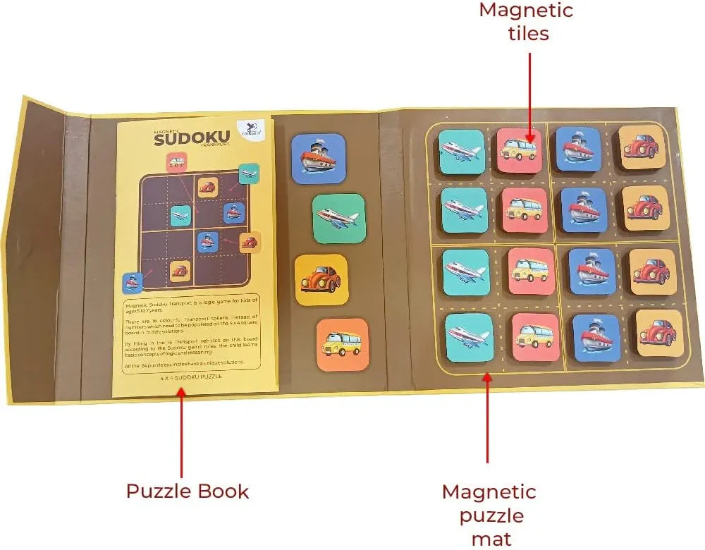 Pelikas Toyz Magnetic Sudoku for Kids 5-7 Years - Travel Games for Kids Ages 4-8 - Educational Brain Teaser Puzzle - Transport Picture Logic Toy - Birthday Gift for Boys & Girls 5+