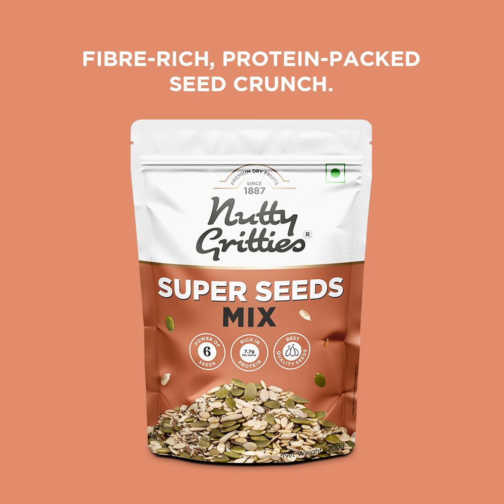 Nutty Gritties Premium Super Seed Trail Mix 200g | 6 Super Seeds in 1 Mix – Flax, Chia, Sesame, Sunflower, Watermelon & Pumpkin | High Protein & Fibre | Healthy Snack | Resealable Pouch