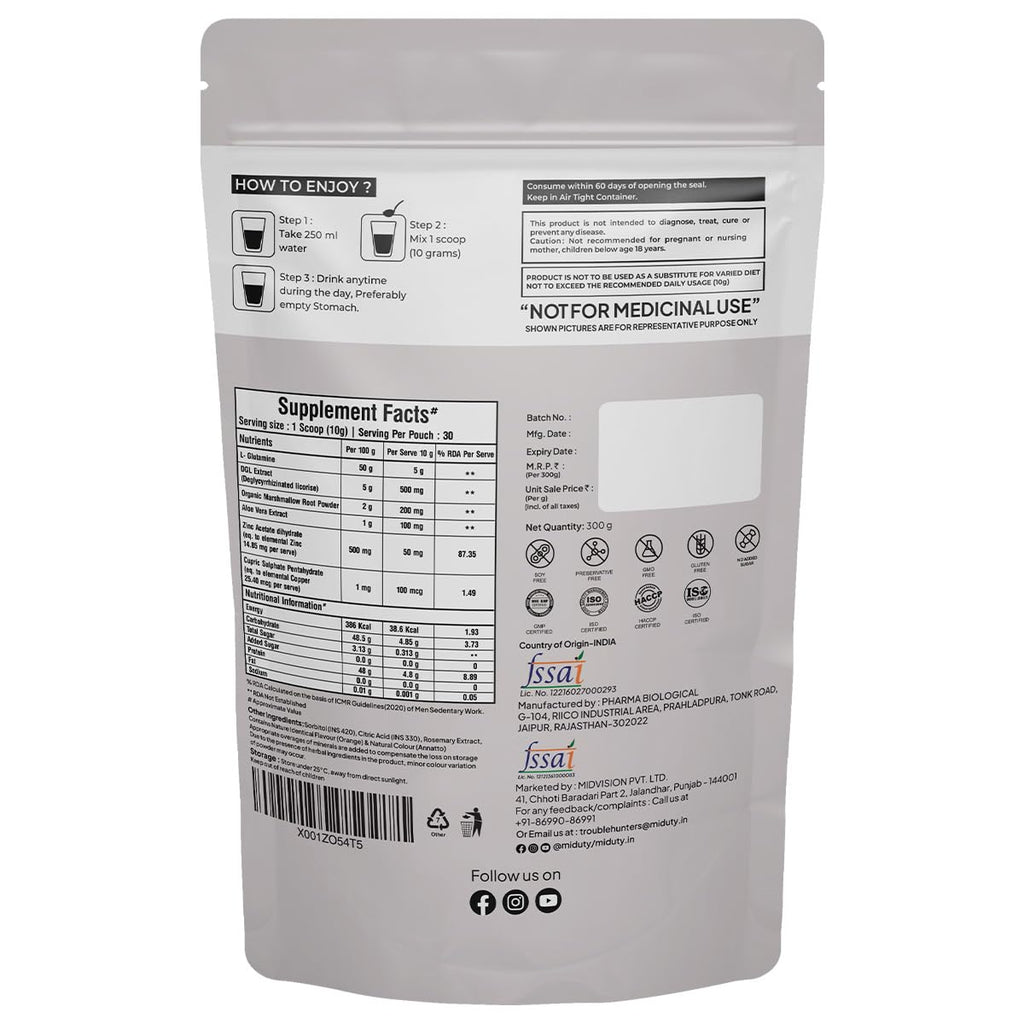Miduty by Palak Notes Leaky Gut Powder - Supports Gastrointestinal lining, Leaky Gut - Helps In Constipation And Heartburn - Advanced Formula with L Glutamine and Aloe Vera Extract - 300 Grams
