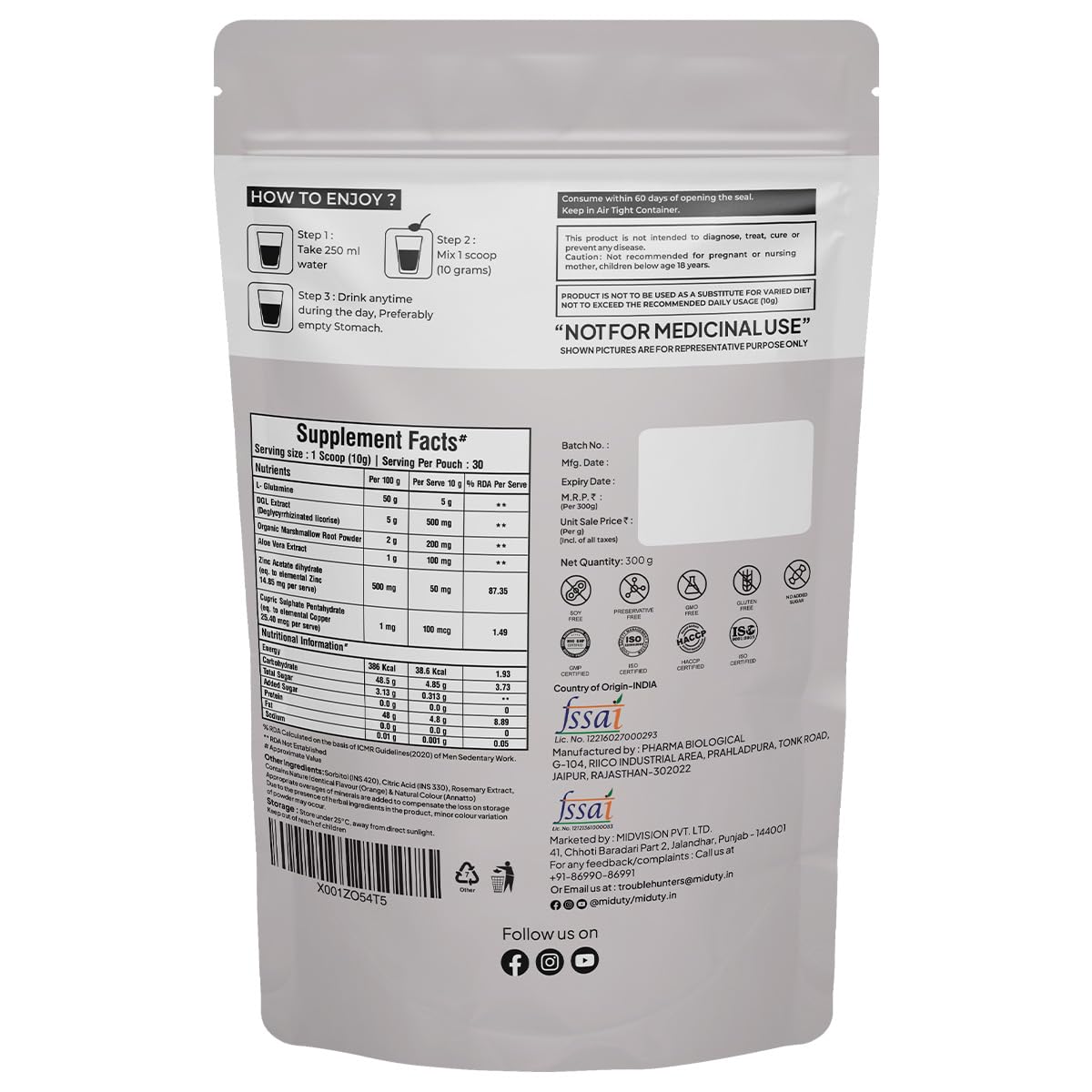 Miduty by Palak Notes Leaky Gut Powder - Supports Gastrointestinal lining, Leaky Gut - Helps In Constipation And Heartburn - Advanced Formula with L Glutamine and Aloe Vera Extract - 300 Grams