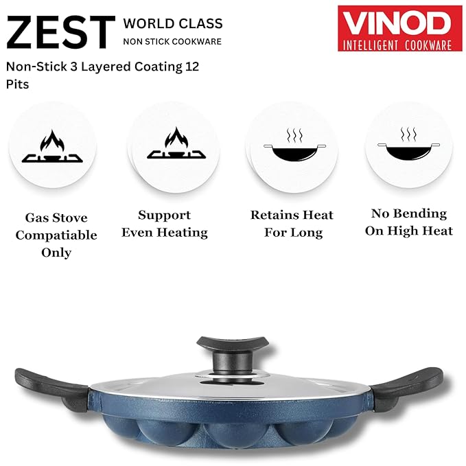 Vinod Aluminium Non Stick Kuzhi Paniyaram Pan - 12 Cups, 22cm | Paniyarakal, Appa Patra, Appam Patra | 3mm Thick | 3 Ply
