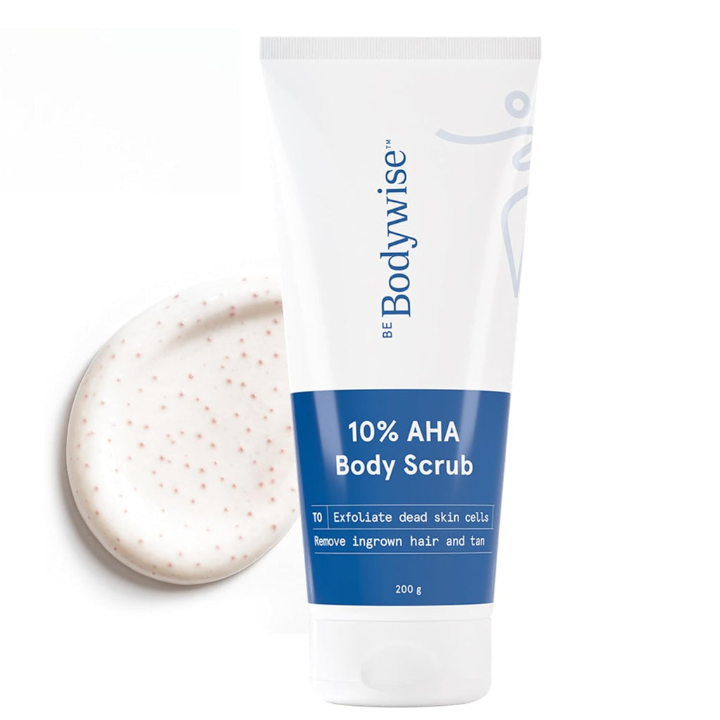 Be Bodywise 10% Lactic AHA Exfoliating Body Scrub 200g | Tan Removal & Soft-Smooth Skin | De-Tan Bathing Scrub with Centella Water & Aloe Vera, Removes Dirt & Dead Skin from Neck, Knees, Elbows & Arms | All Skin Types