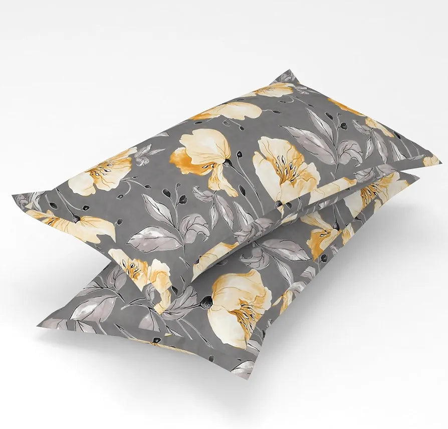 Homefab India 160 TC Glace Cotton Double BedSheet with 2 Pillow Covers Grey Floral