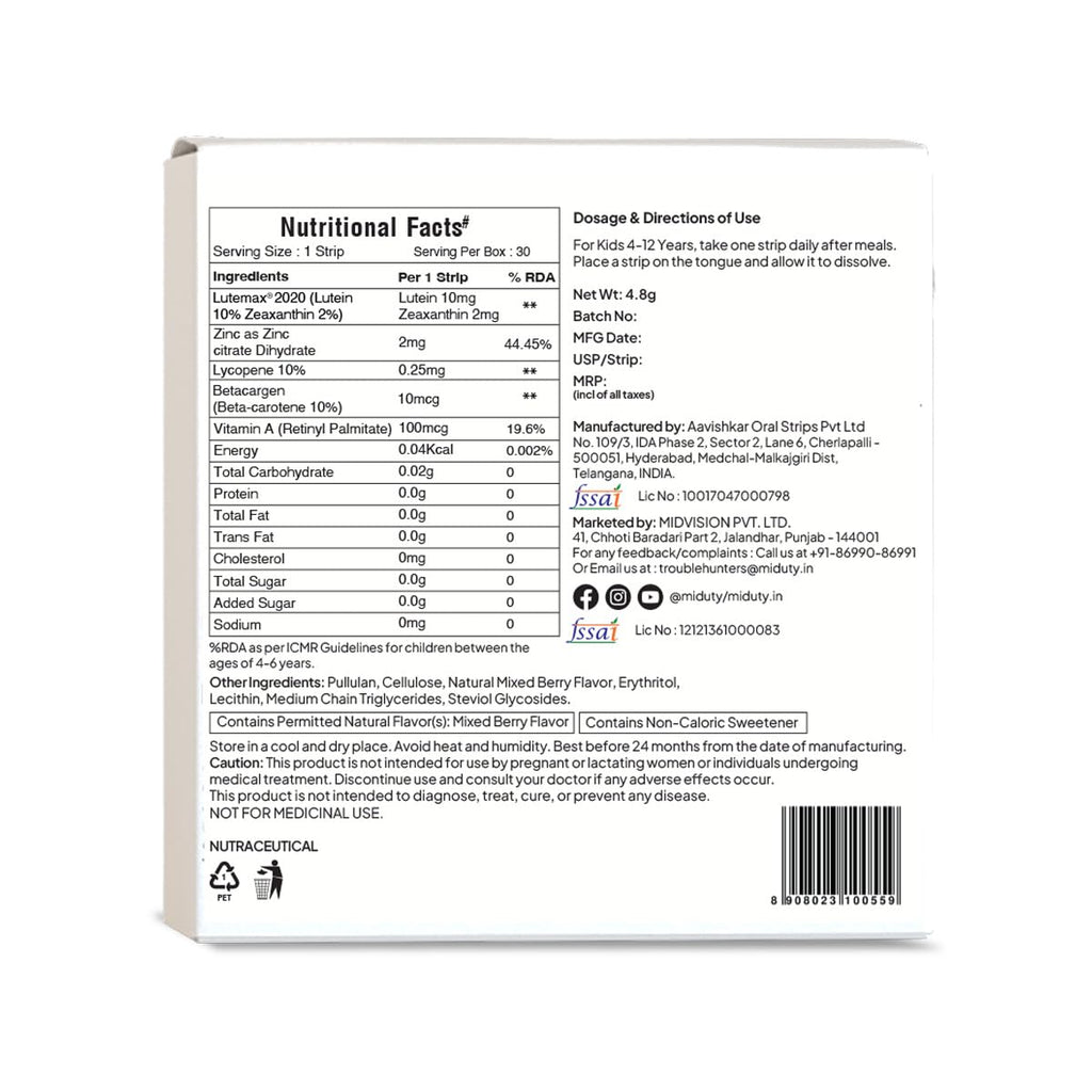 Miduty Kids Vision Improvement Strips- Lutemax 2020- Lutein- Zeaxanthin-Astaxanthin- Beta Carotene- Eye Care- Improve Eyesight- Reduce Eye strain - Support Clear Vision- 30 strips