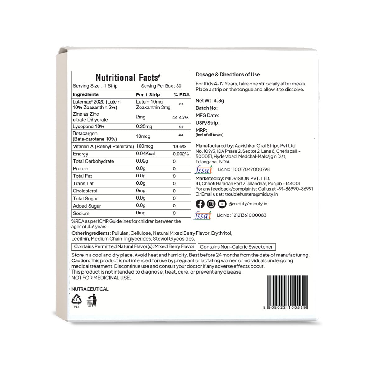 Miduty Kids Vision Improvement Strips- Lutemax 2020- Lutein- Zeaxanthin-Astaxanthin- Beta Carotene- Eye Care- Improve Eyesight- Reduce Eye strain - Support Clear Vision- 30 strips