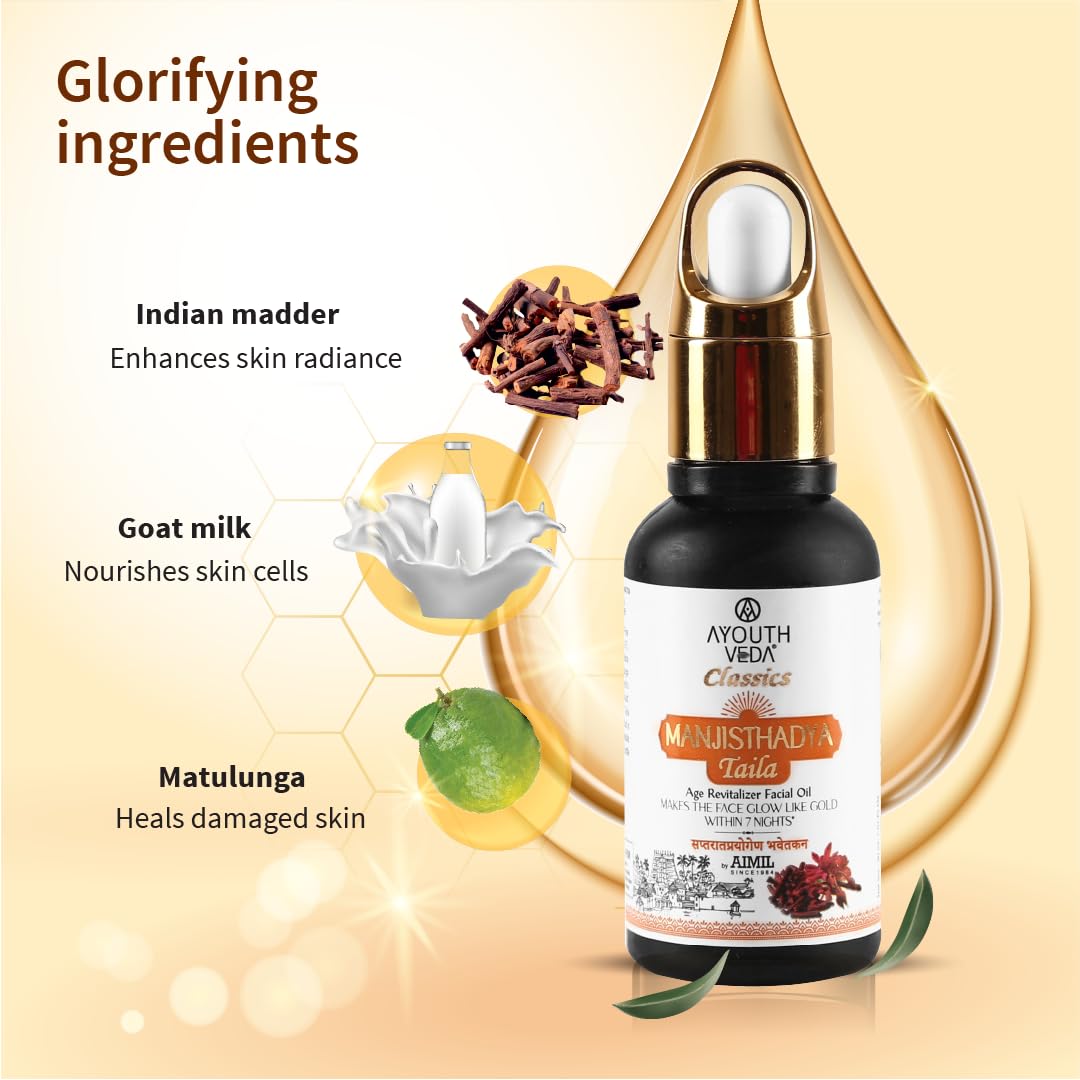 Ayouthveda Manjisthadya Taila | Nourishes Skin Tone With Goat Milk & Matulunga| Helps To Restore Dull Skin | Work As Natural Skin Illuminator | Anti-Aging Facial Oil (Pack Of 1-30ml)