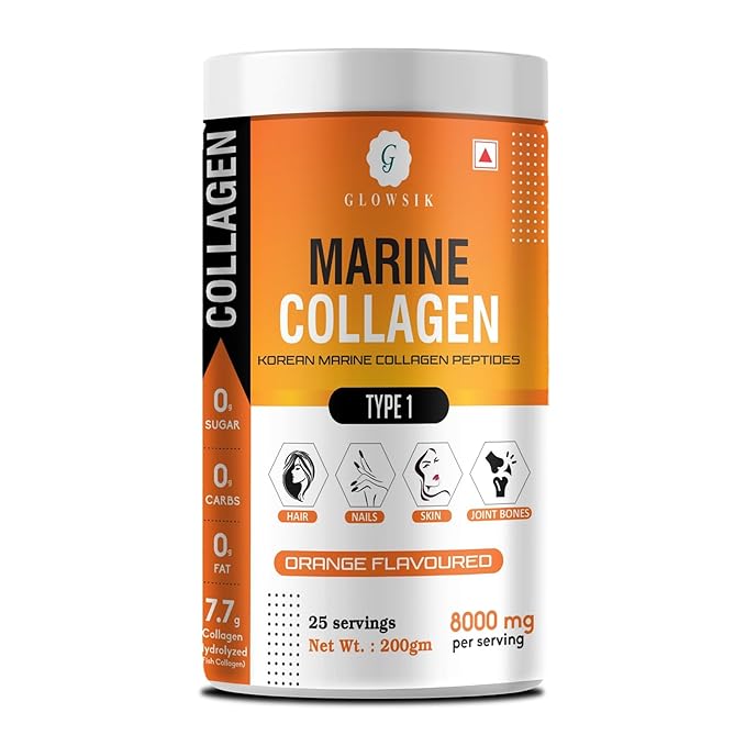 Glowsik Korean Marine Collagen Powder | Marine Collagen Supplements for Women and Men - 400 Gms | Oranges