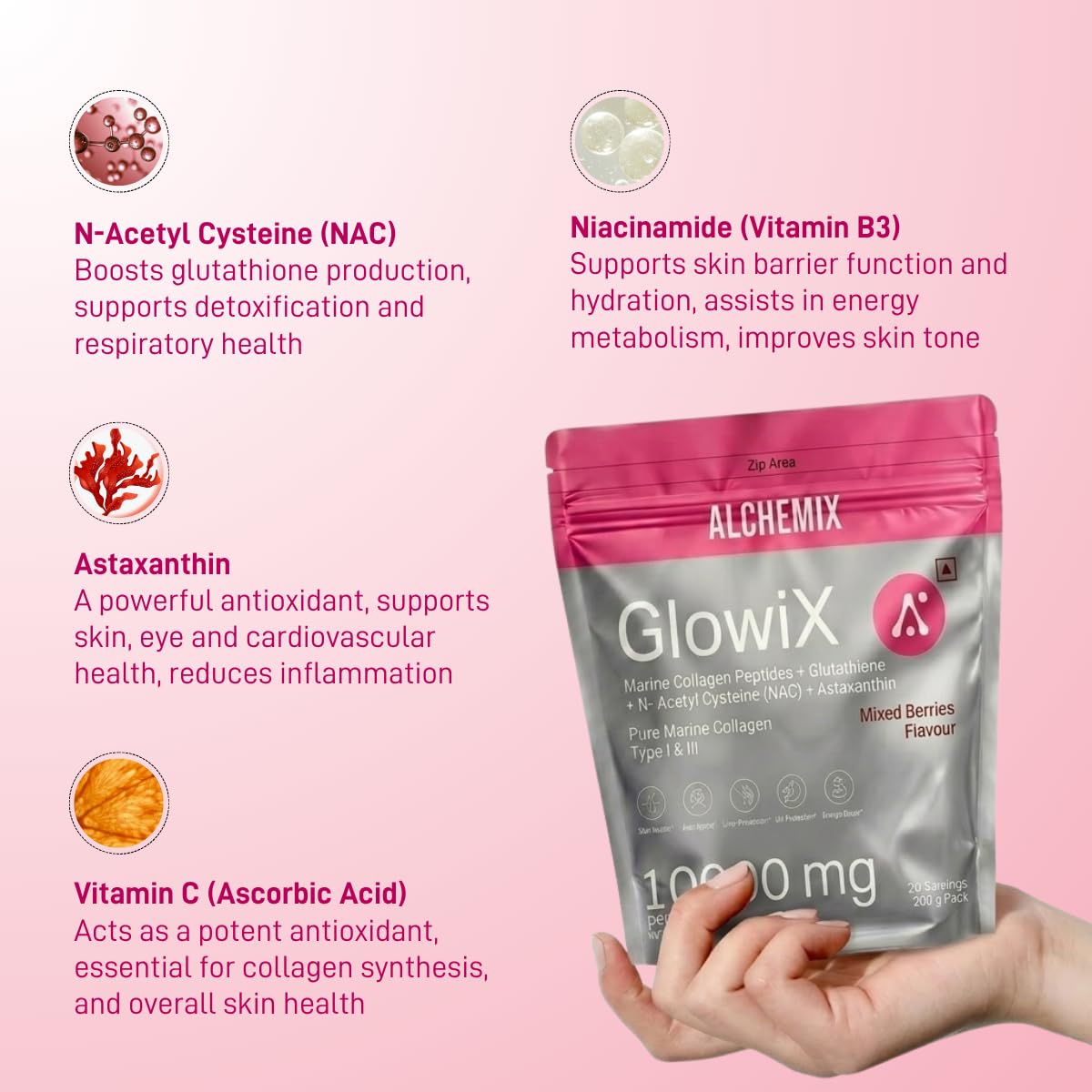 "8000mg Korean Marine Collagen Powder with Glutathione, Astaxanthin & NAC | Hydrolyzed Type 1 & 3 Collagen Peptides | Supports Skin Glow, Hair, Nails & Joints | Mixed Berries Flavour | 200g | 20 Servings | Alchemix Glowix"