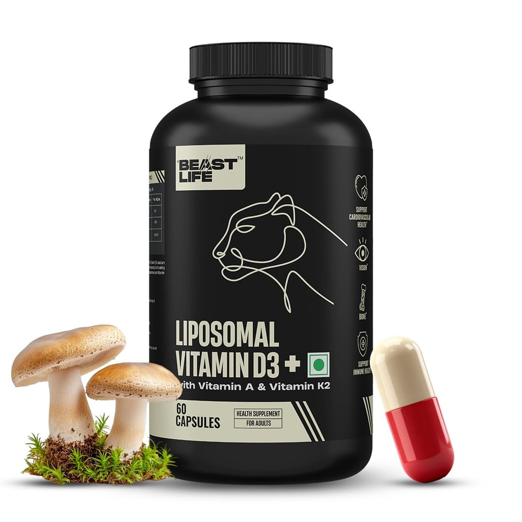 BeastLife Liposomal Vitamin D3 Plus with Vitamin A & Vitamin K2 | for Immune Support, Bone Health & Absorption | Skin Support | Calcium Utilization & Arterial Health |Max Bioavailability | 60 Capsules