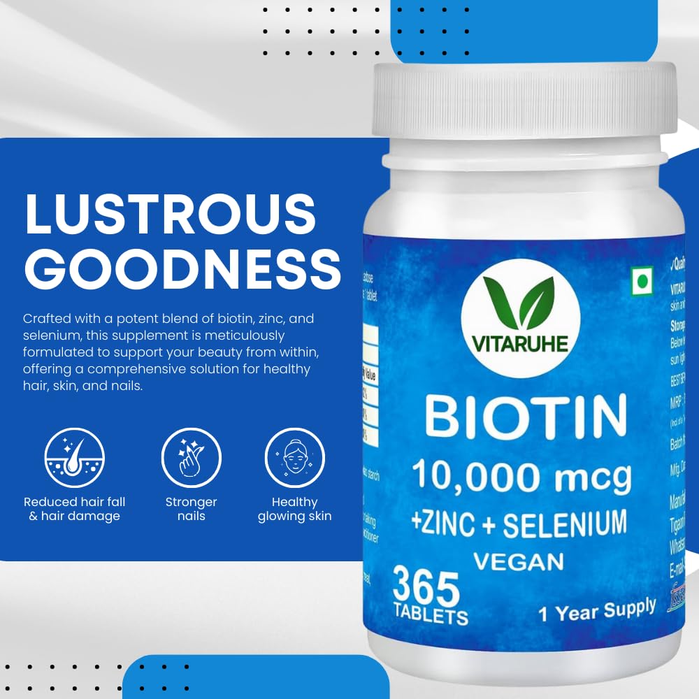 Vitaruhe Biotin High Dose Biotin + Zinc + Selenium Vegan Hair Growth Supplement for Healthy Skin, Hair and Nails, Full Year Supply, 365 Tablets