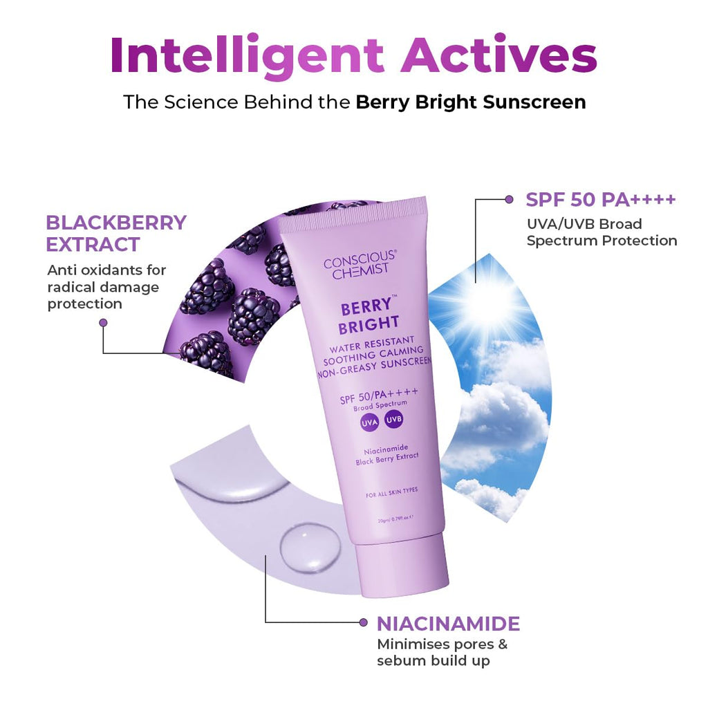 Conscious Chemist® Sunscreen SPF 50 PA++++ In-Vivo Tested | 20g | For Oily Skin, Gel Sunscreen, Niacinamide Sunscreen with Black Berry Extract, Hybrid Lightweight, Water Resistant, All Skin Types - Berry Bright