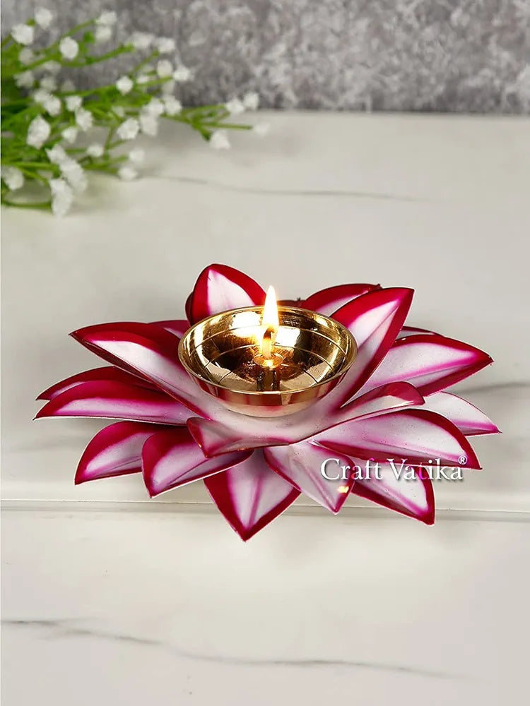 Diya Brass Lotus Kamal Diyas Oil Lamp Stand White Pink