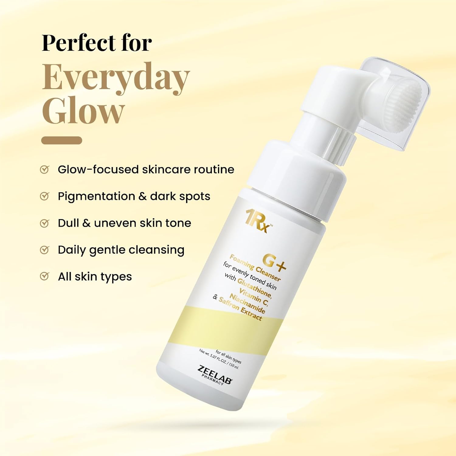 Zeelab G+ Foaming Cleanser with Glutathione, Vitamin C & Niacinamide | Brightening Face Wash with Saffron Extract | Helps Reduce Pigmentation & Dark Spots | Gentle Daily Cleanser for All Skin Types 150ml