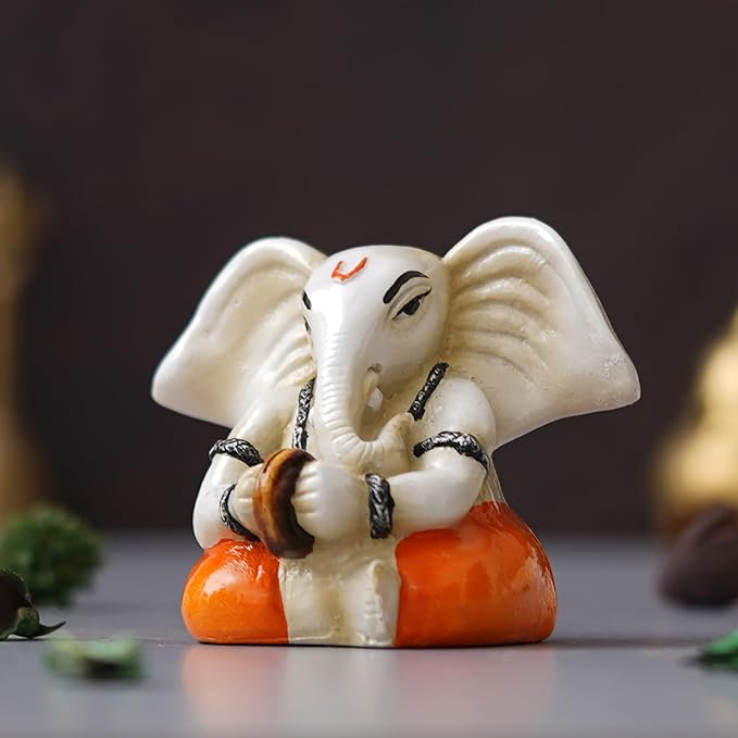 Ecraftindia White & Orange Polyresin Handcrafted Lord Ganesha Idol Playing Cymbals Musical Instrument | Decorative God Statue Ideal