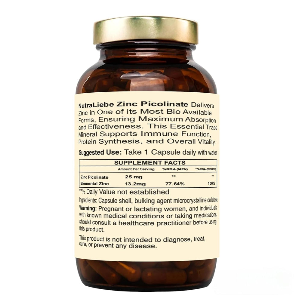 Nutraliebe Zinc Picolinate – High Absorption Chelated Zinc Supplement – Immune Support, Skin & Cellular Wellness – Gentle on Stomach – 90 Vegetarian Capsules