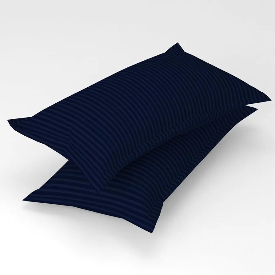 Homefab India 160 TC Stripe Cotton Feel Glace Cotton Elastic Fitted King Size Double Bed Bedsheet with 2 Pillow Covers Fits Upto 6 inches Mattress Navy Blue