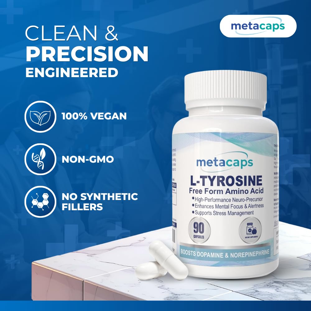 MetaCaps Pure L-Tyrosine 500mg – 90 Veg Capsules | High-Potency Amino Acid for Brain Support | Enhances Focus, Mental Clarity & Alertness | Stress Management & Mood Balance | Non-GMO & Vegan