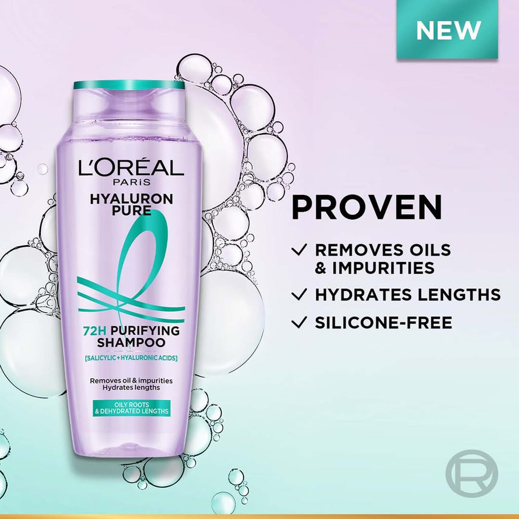 Lâ€™OrÃ©al Paris Hyaluron Pure 72H Purifying Shampoo, For oily scalp & dry hair with salicylic and hyaluronic acid, 200 ml