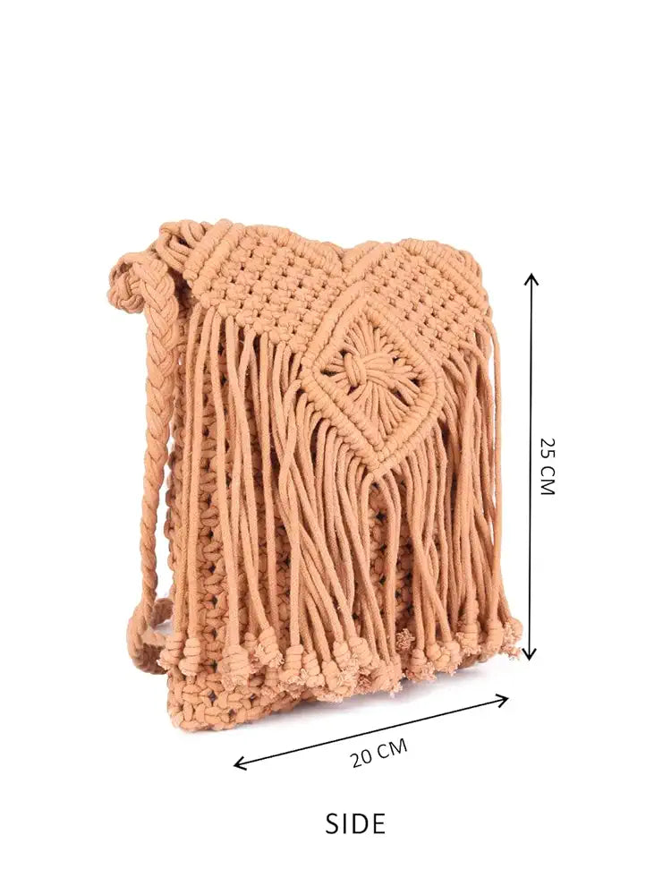 Astrid Handmade Macrame Flap Over Sling Bag For Girls And Women Colour Dusky Brown