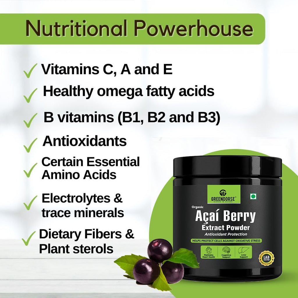 GREENDORSE Acai Berry Extract Powder, 10x Concentrated | SUPERFOOD Rich in 19 amino acids, Muscle building Fibres, Antioxidant & Collagen boosting Vitamin C | Supports Brain, Liver & Heart Functioning- 50g