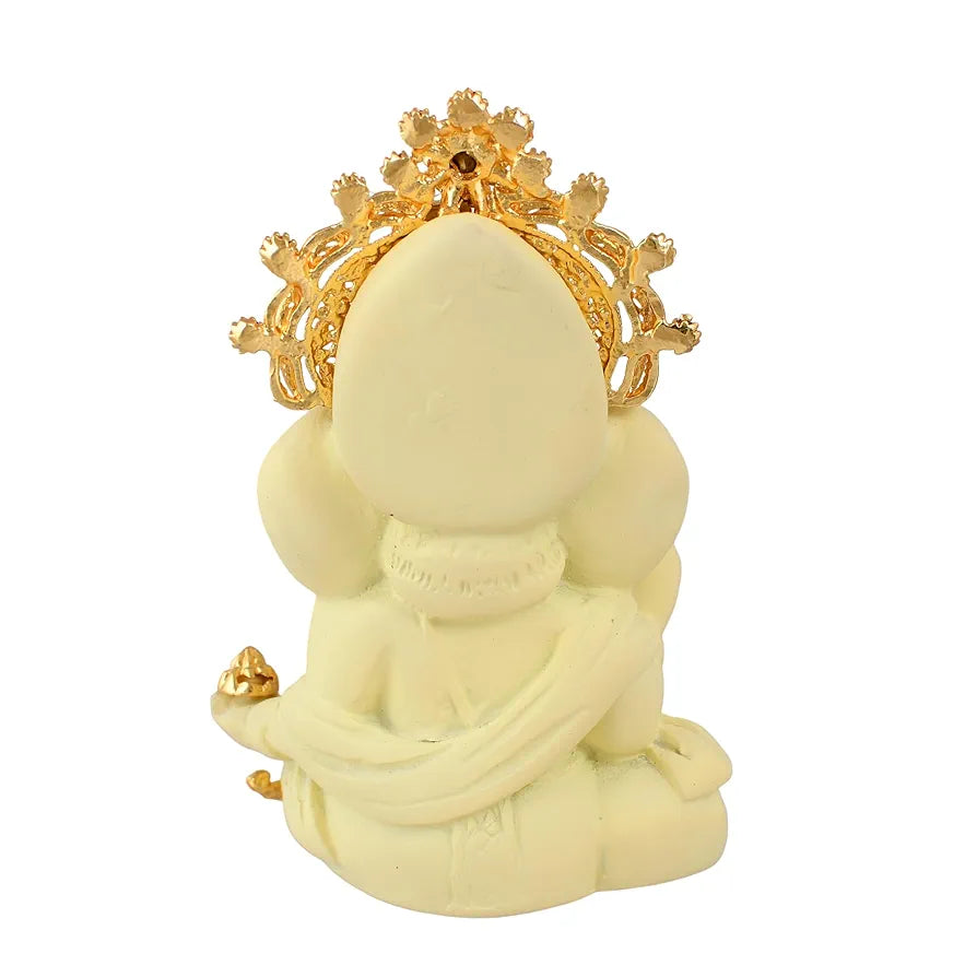 CraftVatika Ganesh Idol Murti Statue for Car Dashboard Ceramic Terracotta Gold Plated Cream