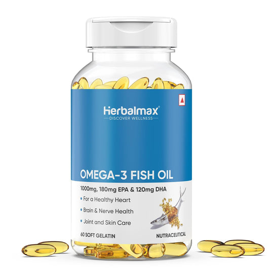 Herbalmax Omega-3 Fish Oil Capsules 1000mg (60 Capsules) | 180mg EPA & 120mg DHA | Supports Heart, Brain, Joint & Eye Health | For Men & Women | Promotes Cardiovascular Wellness
