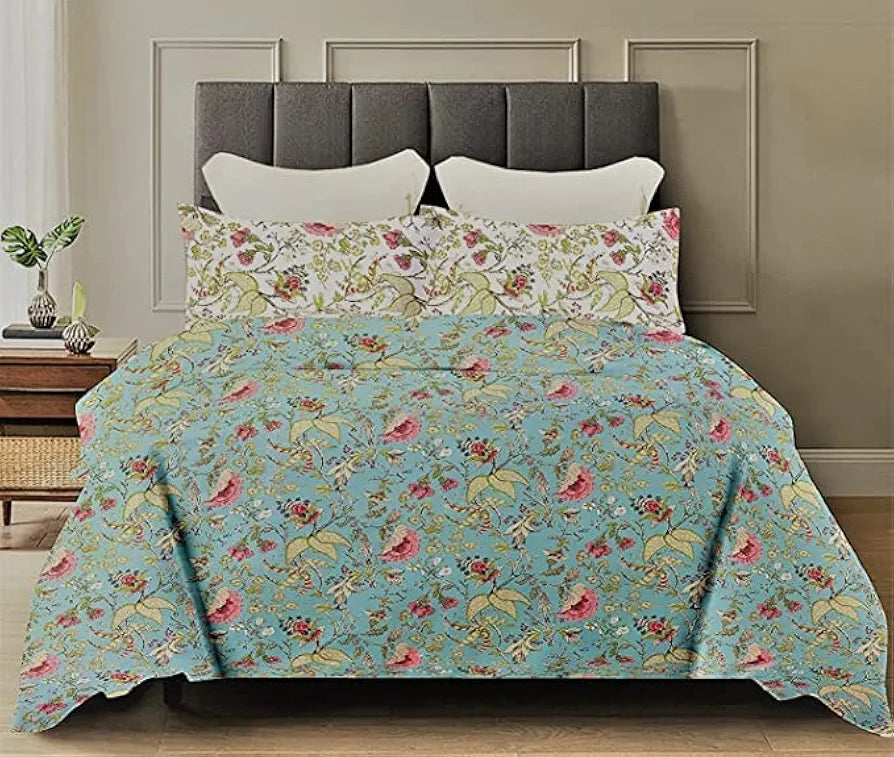 Trance Home Linen 180TC 100% Cotton Printed Zippered Duvet Cover/Blanket Cover/Quilt Cover Comforter Cover/Razai Cover King Size with 2 Pillow Covers Colour Calicut Green White