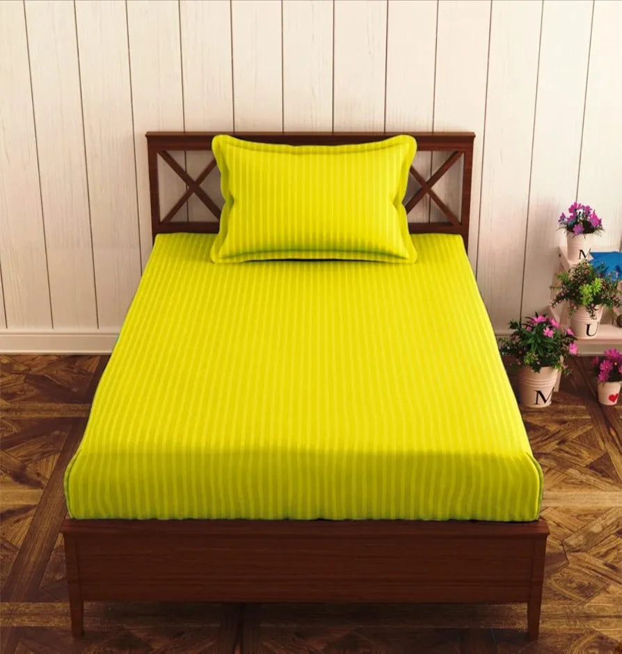 Trance Home Linen 100% Cotton 78x36 inch Single Fitted 200TC Satin Stripe Elastic Fitted Bedsheet with 1 Pillow Covers Colour Canary Yellow