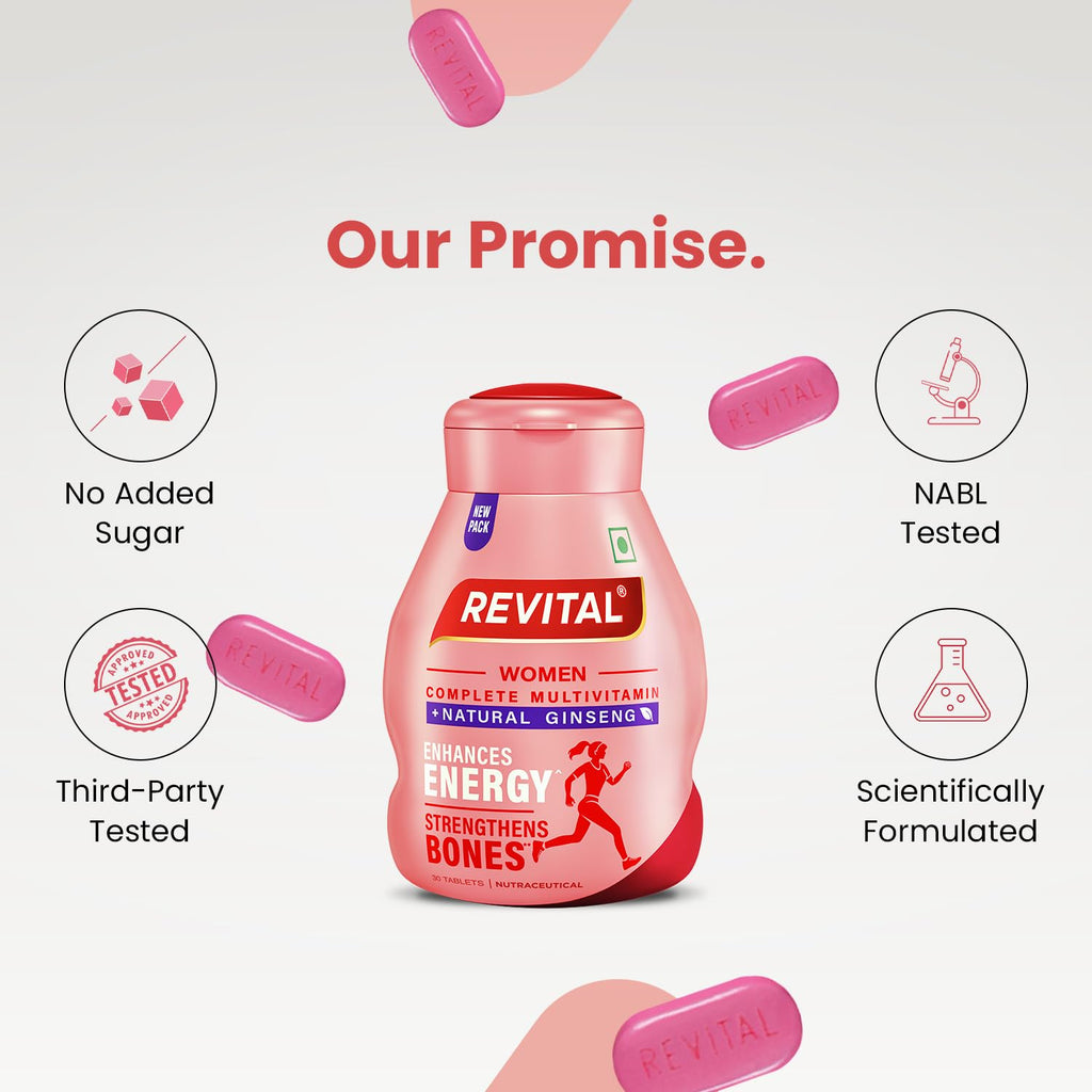 Revital For Women With Multivitamins, Calcium, Zinc & Natural Ginseng For Daily Immunity Strong Bones, And Enhances Energy Level - 60 Tablets