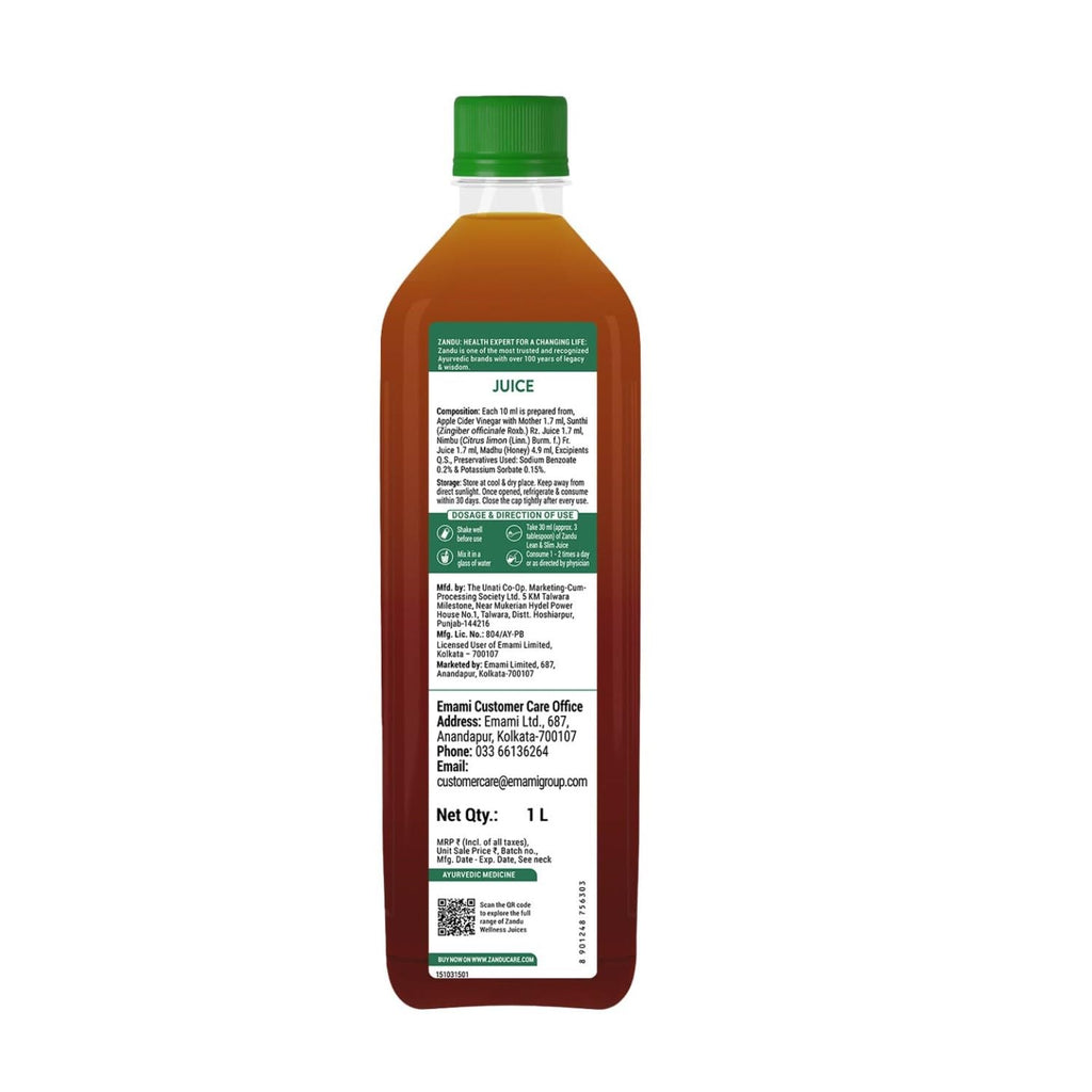 Zandu Lean & Slim Juice 1 Litre With Honey & Apple Cider Vinegar, Helps Maintain Healthy Weight & Boosts Metabolism|100% Ayurvedic And Natural