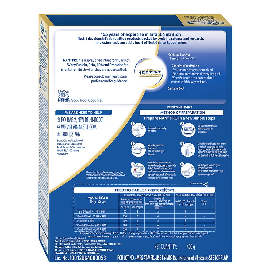 NestlÃ© NAN PRO 1 Infant Formula with Probiotic (Up to 6 months), Stage 1-400g Pouch in Box