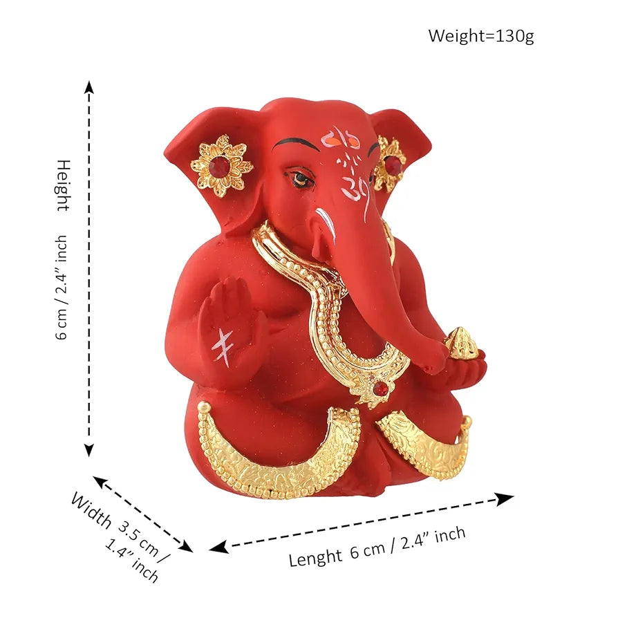 CraftVatika Ganesh Idol Murti Statue for Car Dashboard Ceramic Terracotta Gold Plated Ganesha Idols Red