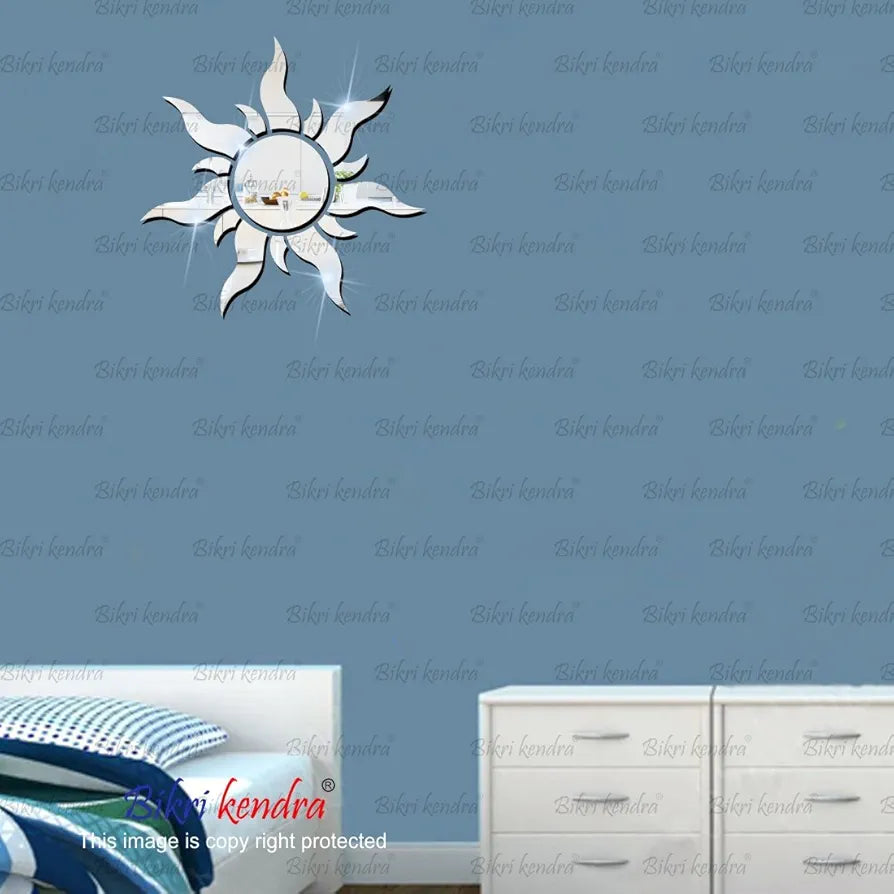 Bikri Kendra Sun Silver Model-4 Mirror Stickers for Wall, Acrylic Mirror Wall Decor Sticker