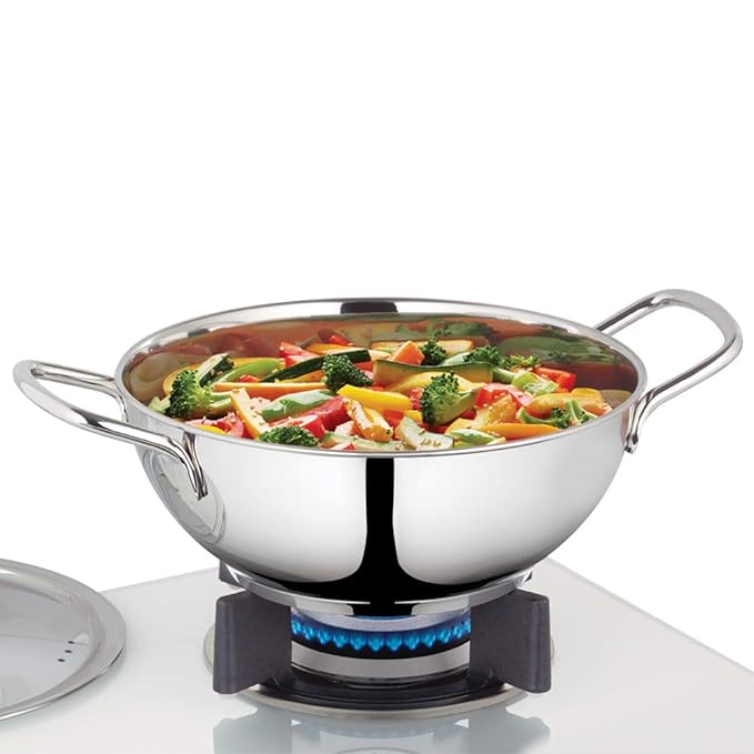 Borosil Stainless Steel Deep Kadhai With Lid | Impact Bonded Tri-ply Bottom | 2.8 L | 24 Cm | Silver