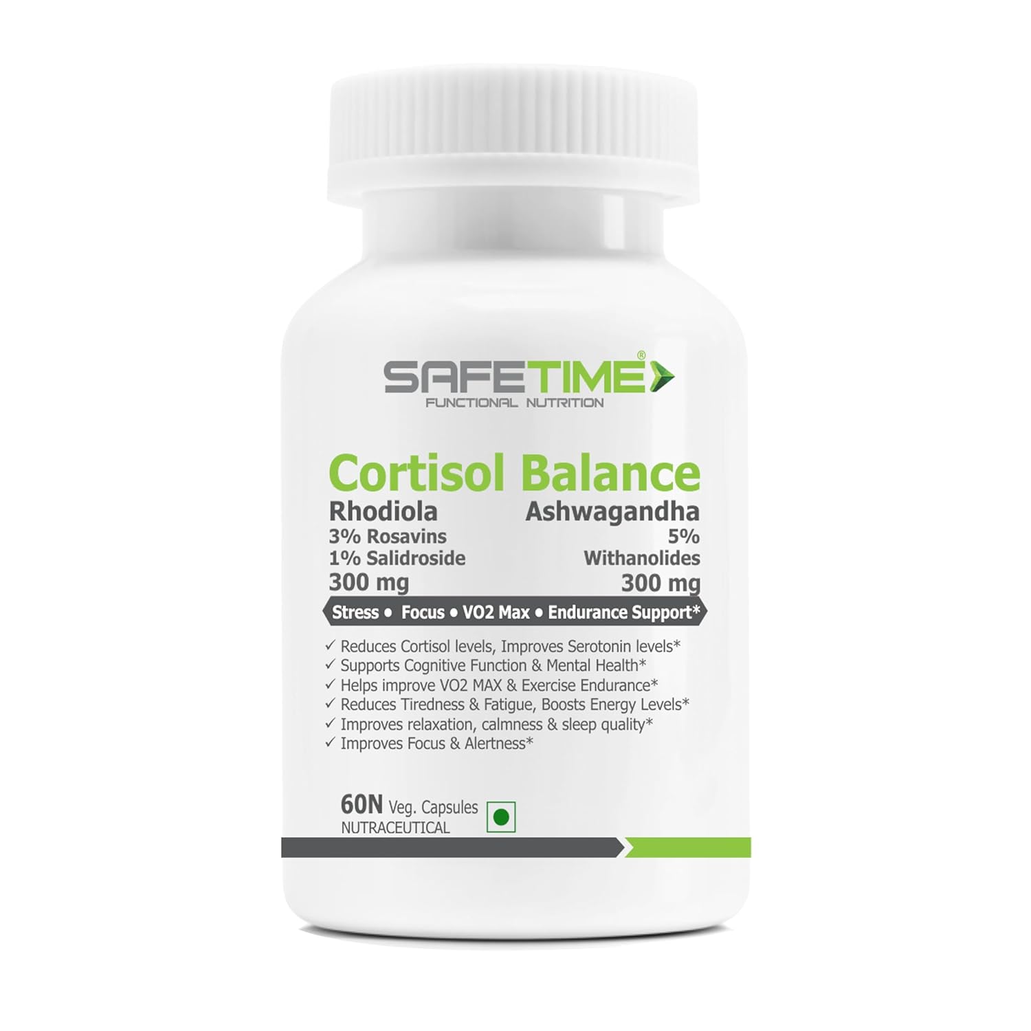 CORTISOL BALANCE Bioactive Rhodiola & Ashwagandha Stress, Focus, Energy VO2 Max (60 Veg Capsules) (Pack of 1)