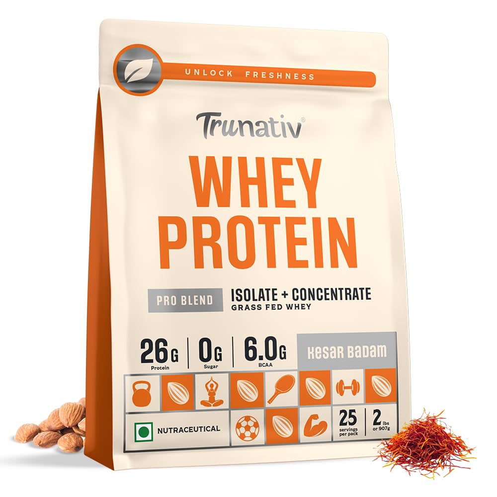 Trunativ Pro Blend Whey Protein Powder Isolate & Concentrate | 100% Light & Clean Protein Powder | 26g Protein | 6g BCAA | 12.52g EAA | No added sugar | Kesar Badam 2lbs (907g).