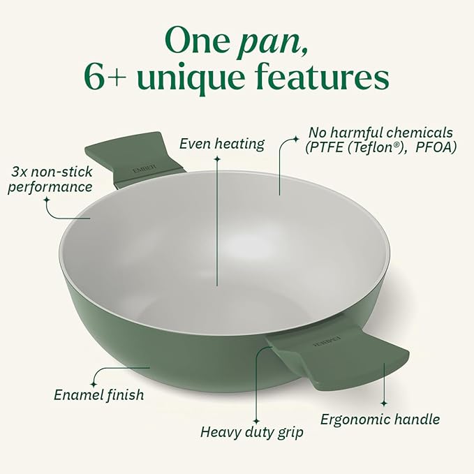 Ember Cookware Arcilla Ceramic Non Stick Kadai 24cm | Metallic Lid | Matching Handles | Florence Series | Green