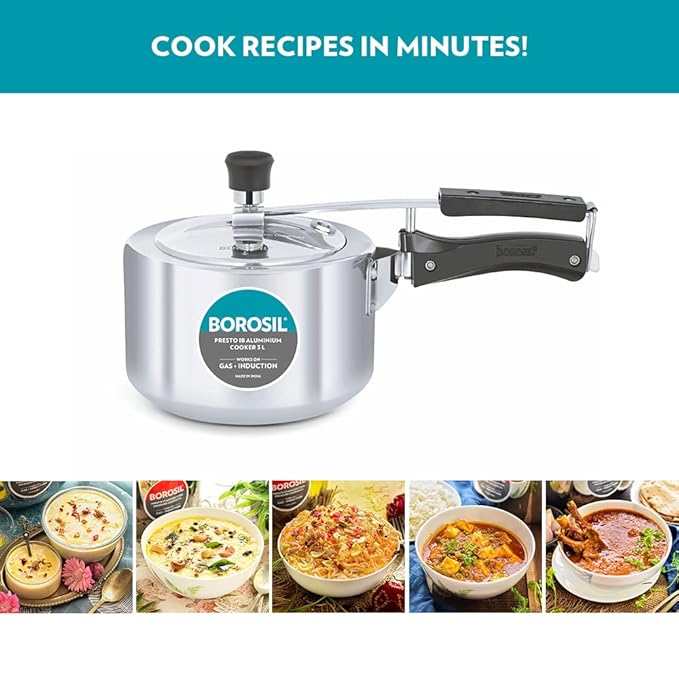 Borosil Presto Induction Base Inner Lid Aluminium Pressure Cooker | Silver | 3 Litres