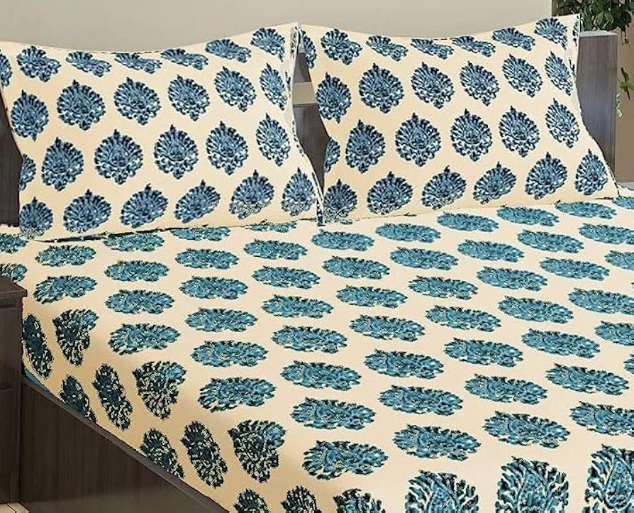 Trance Home Linen 200TC 100% Cotton 78"x36" Single Size Elastic Fitted Bedsheet Printed with 1 Pillow Cover Colour Damask Blue