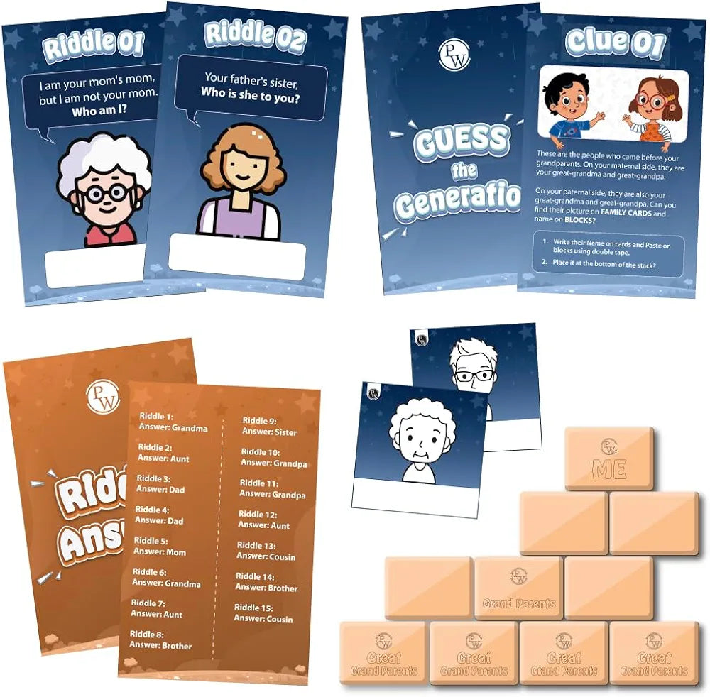 PW Montessori Toy Family Tree Game Kit for Kids Ages 4, 5, 6, 7, 8, 9, 10 Years with Clue Cards