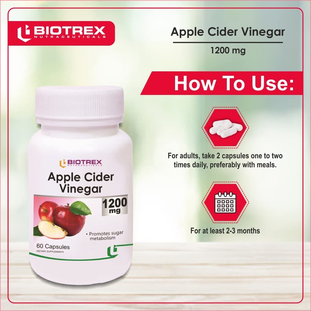 Biotrex Apple Cider Vinegar Capsules 1200mg â€“ Organic Supplement for Weight Management, Detox & Digestive Support â€“ Apple Cider Vinegar Capsule for Wellness â€“ 60 Apple Vinegar Capsules