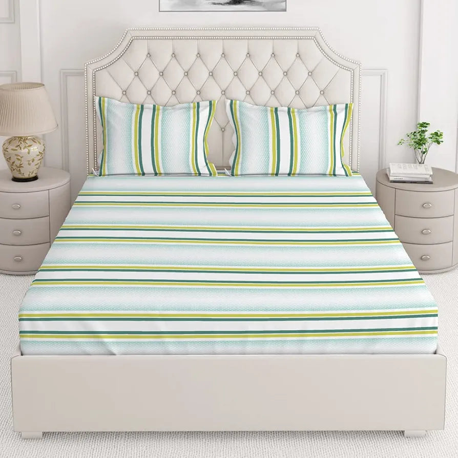 Layers Duracount Bedsheet Set for All Seasons Lightweight 225 CVC King Size Sky Blue/Green