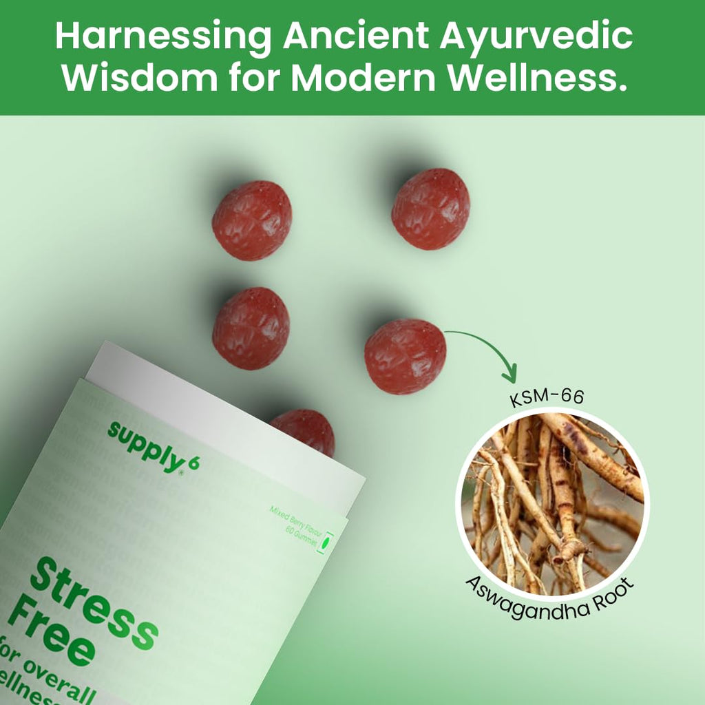 SUPPLY6 Stress Free Gummies with world's strongest KSM-66 Ashwagandha | Sleep Quality, Stress Relief, Boost Performance | Mixed Berry, Plant Based, Gluten-Free & Gelatin Free, 60 Gummies
