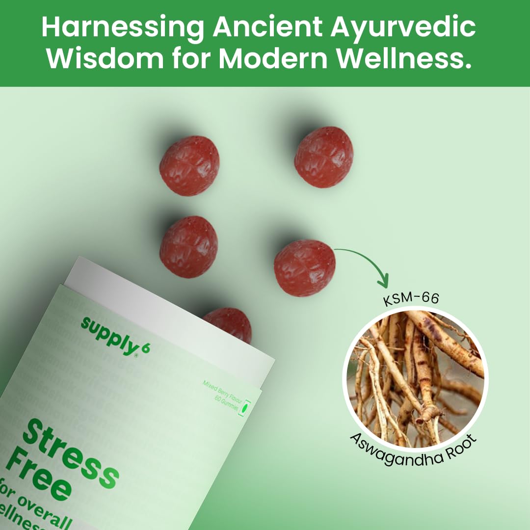 SUPPLY6 Stress Free Gummies with world's strongest KSM-66 Ashwagandha | Sleep Quality, Stress Relief, Boost Performance | Mixed Berry, Plant Based, Gluten-Free & Gelatin Free, 60 Gummies