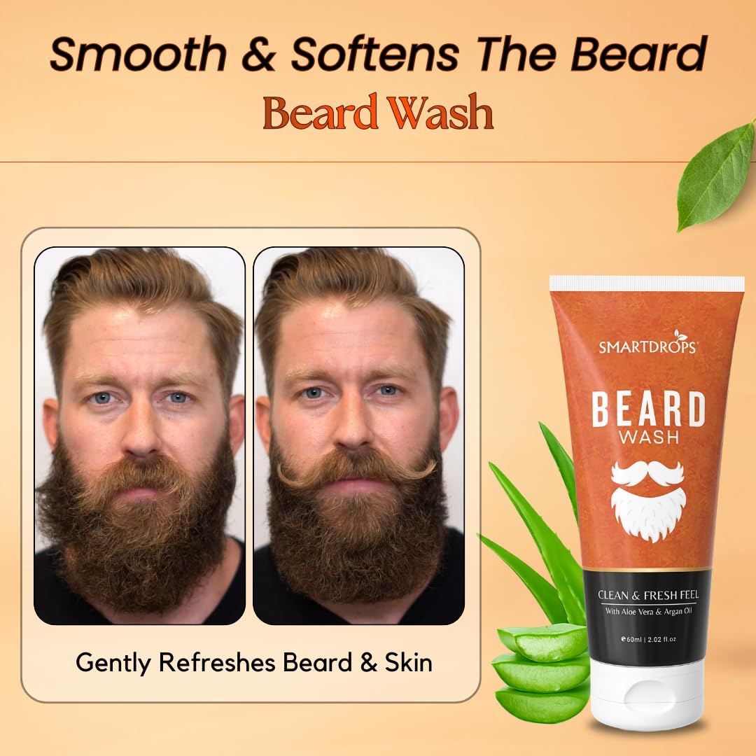 Smartdrops Beard Wash for Men Daily Cleanser Gentle Care Wash for Grooming Routine, Hydrating Beard and Skin Cleaner, beard growth and thicker looking - 60 ml (Pack 1)