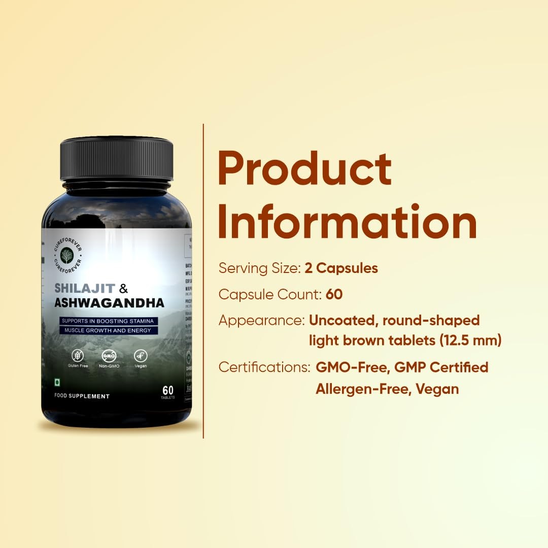 Cureforever Shilajit & Ashwagandha Tablets 1000mg/serving - 60 Tabs