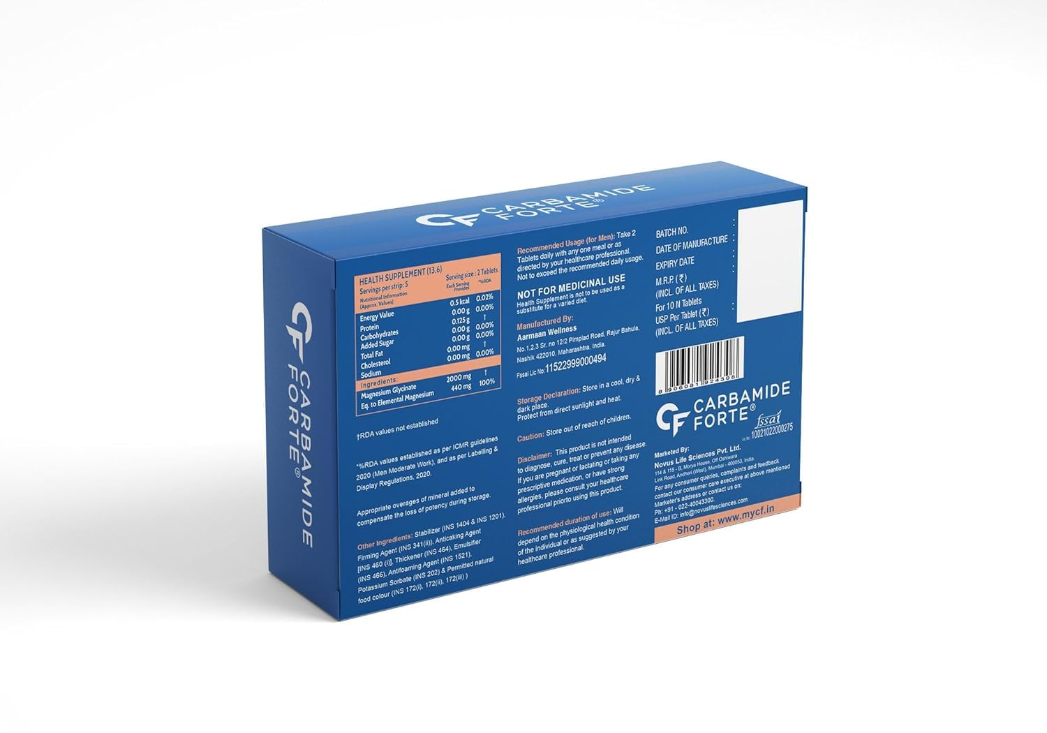 Carbamide Forte Chelated Magnesium Glycinate 2000mg Per Serving Supplement - 10 Veg Tablets (Pack of 2)