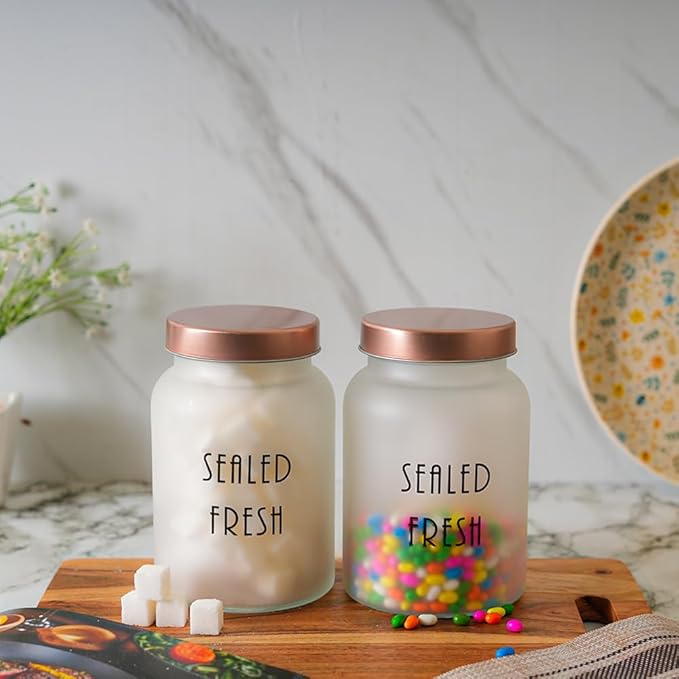 Femora Kitchen Storage Jars Frosted Glass Jar With Steel Lid Air Tight Jar | 1000 Ml | Pack of 4 | Golden Lid