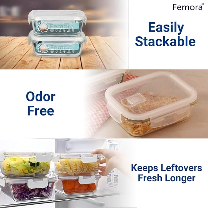 Femora Borosilicate Rectangular Glass Food Storage Container With Air Vent Lid | 620 Ml | Blue